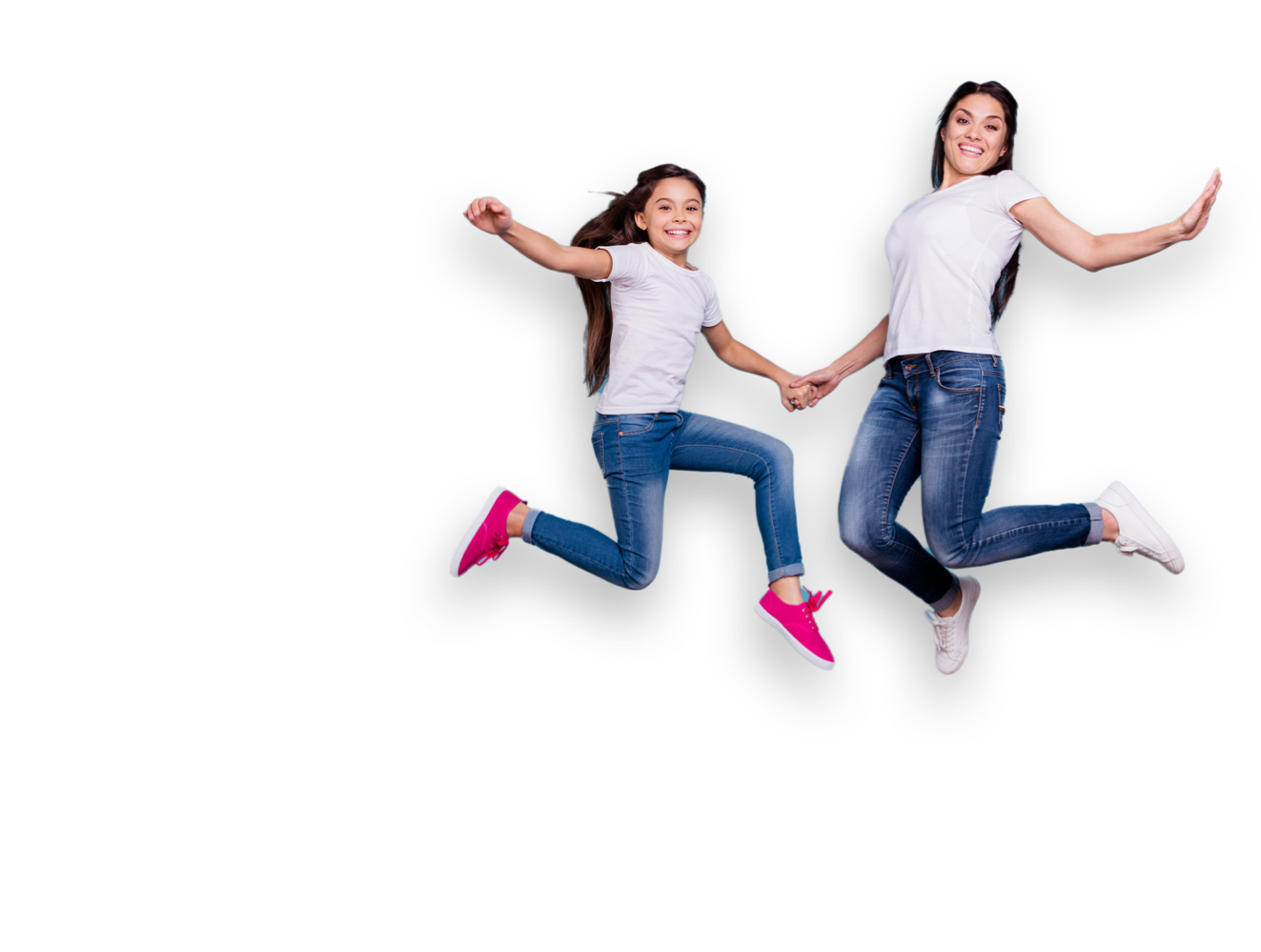 Woman and girl jumping