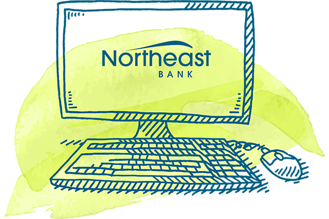 Illustration of desktop computer with Northeast Bank logo on the screen