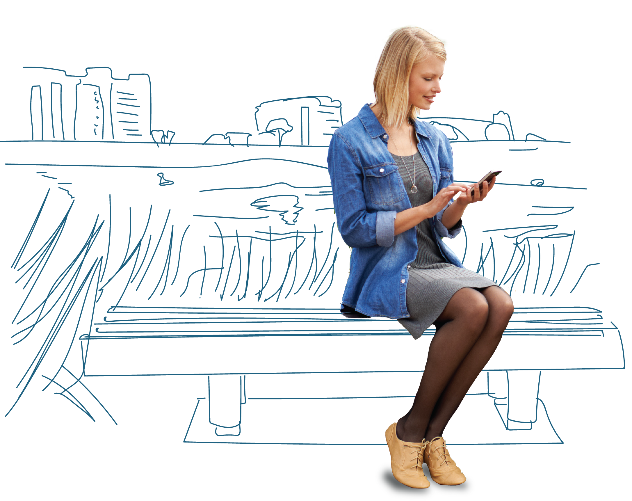 Young woman sitting on sketch of park bench