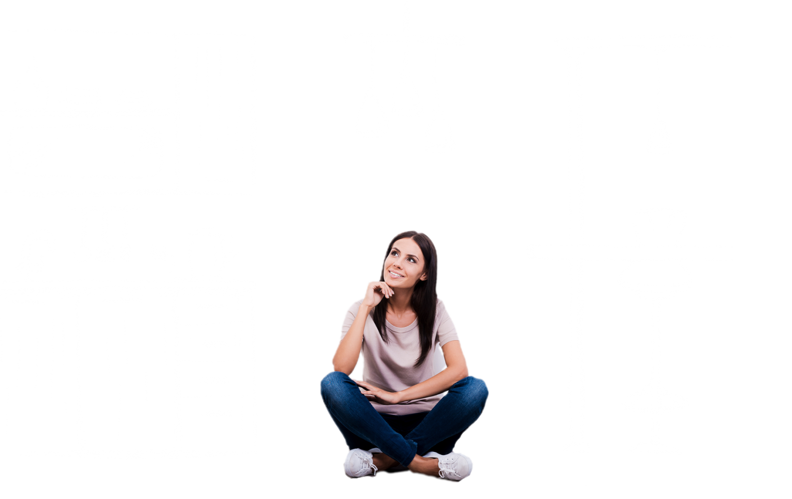 woman sitting cross-legged in front of a sketch of a kitchen