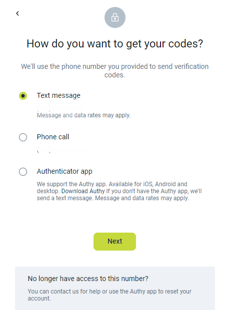 Select the way you want to receive your security codes